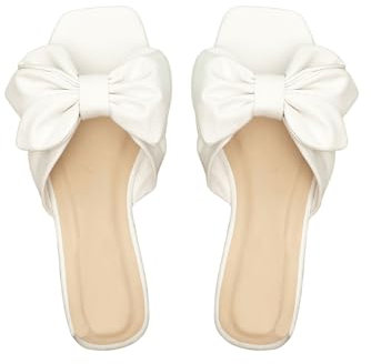 GORGLITTER Damen Flache Sandalen Elegant Sandalette mit Schleife offene Zehen Freizeitsandale Sommer Urlaubssandalen Strandsandalen Weiß EUR41