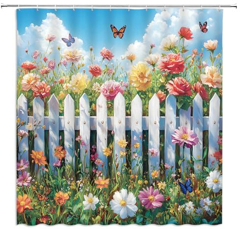 UOZXOML Garden Landscape Shower Curtain Colorful Floral Butterfly Rustic Wooden Fence Spring Summer Nature Plants Greenery Country Scenery Fabric Bathroom Decor Curtains with Hooks,70 x 70