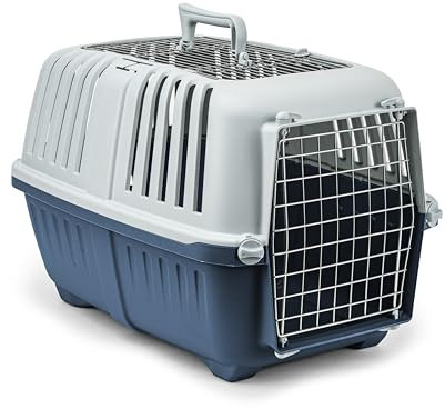 lionto Hundetransportbox aus Kunststoff mit Metallgitter, 58,5x35,5x40 cm, Transportbox mit praktischem Schließsystem & Tragegriff, auch geeignet für Katzen & Kleintiere, für Haustiere bis 15kg, blau