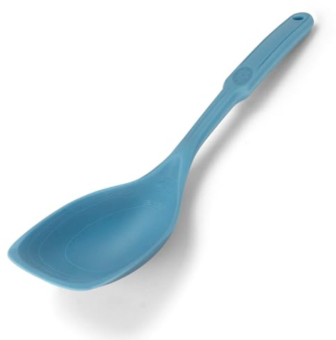 CVIUYO Silicone Spatula Cooking Spoon, 3-in-1 Silicone Kitchen Spoon, Heat Resistant Nonstick Solid Spoon with Deep Groove and Measurement Mark for Frying, Serving Soup and Rice (Blue)