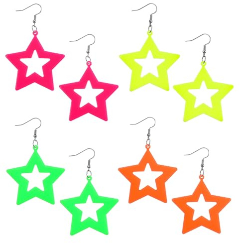 Tyqour 4 Paar 80er 90er Jahre Stern Ohrringe Retro Acryl Neon Ohrringe Damen Bunte Creolen Neon 5x5cm Vintage Party Accessoire Ohrring für Mottoparty Kostüm Party Maskerade Frau Mädchen