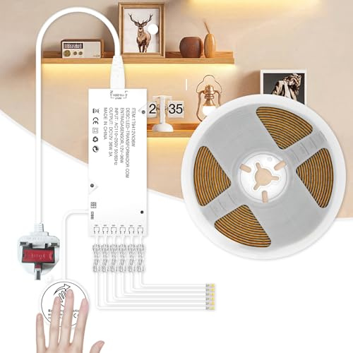 RYE Under Cabinet Led Light Strip kit,16.4ft/5m Cuttable 3000K,6 Outlets Power,Touch Switch&Dimmer,COB Strip for Kitchen Cupboard,Book Shelf,Floating Shelf,Wall Panel,Home Decor