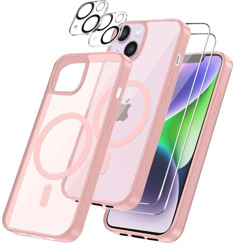Magnetic Cover per iPhone 14 Compatibile con 2 vetri temperati e 2 vetri per fotocamera, Translucent Matte Slim Back PC+TPU Bumper Shockproof - Rosa chiaro