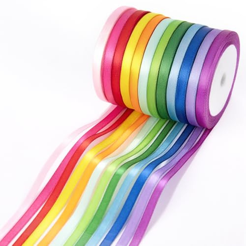 KICNIC Nastro di raso colorato, 12 fraben 6 mm di larghezza, per bricolage, nastro di seta per matrimoni, albero di maggio, decorazione per auto, decorazione da tavolo (22 m)