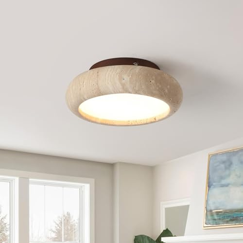 kaixunl Japansk LED-taklampa Wabi-Sabi Travertin gul halvinfälld lampa rund taklampa varm ljuskrona idealisk för sovrum matsalar kök och hallar 20 cm 7 W