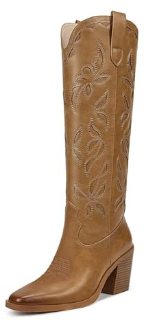 ISNOM Brown Knee High Cowboy Boots for Women With High Heeled Chunky Pointed Toe Western Cowgirl Tall Womens Cowboy Boots Long Country Western Cowgirl Boot for Music Festival Themed Party Size 9