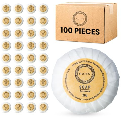 NUIVO – Pack de 100 Mini Savons Hôtel 20 g – Savons Invités Individuels Ronds – Emballés Papier Écologique – Idéal Gîte, Mariage, Salle de Bain, Voyage