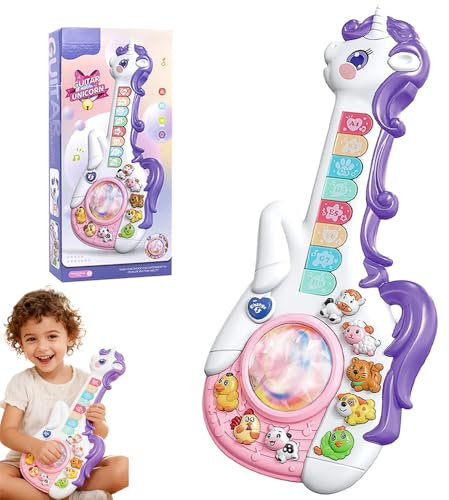 KBIBCK Kids Toy Guitar for Toddlers 1-4, Educational Toy Guitar with Animal Sounds& Music & &Light-Up Keys, Unicorn Musical Guitar Toy, Musical Instruments Toys for Little Girl Birthday Christmas