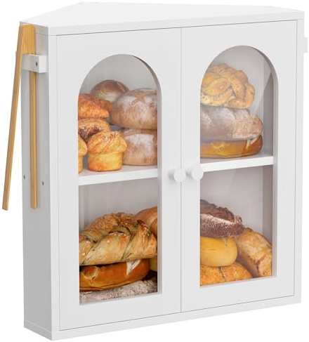 WOWLIVE 2 Tier Corner Bread Box for Kitchen Countertop with Acrylic Door | Bamboo Bread Storage Container for Homemade Bread, Large Bread Bin Farmhouse Breadbox Organizer, White, Extra Large