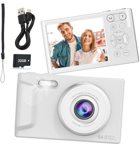 Digital Camera, FHD Camera with 32GB Card, Lanyard, 16X Zoom Anti Shake, 48MP Compact Portable Small Point Shoot Camera Gift for Student Children Teen（5K-White-32GB）