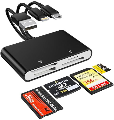 Memory Stick Pro Duo Adapter, 4-in-1 Lightning/USB-C/USB-A Multi-Speicherkartenleser für SD/Micro SD/MS/XD Picture Card, Sony Cybershot Memory Stick Pro Duo Reader für iPhone/Android/PC
