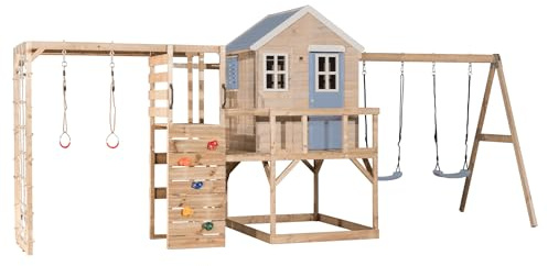 Wendi Toys casetta di legno per bambini con e altalena da esterno in legno FSC, parco giochi per bambini, 197×563×242 cm con parete da arrampicata, rete da arrampicata e anelli, blu - M27PB-G