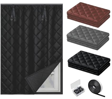 Isolation Fenetre Contre le Froid, Rideau Opaque Thermique, 50/60/90/110/130/150/180/200cm Coupe-vent Film Isolant Hiver, Couverture de Fenêtre en Coton(Noir,28x55in/70x140cm)