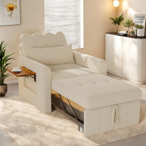 Sovstol med sängfunktion, bäddsoffa med sänglåda, justerbara stolar med kudde och väska, hopfällbar bricka, enkel soffa, fåtölj, modern för vardagsrum, lägenhet (beige, 108 x 85 x 86 cm)