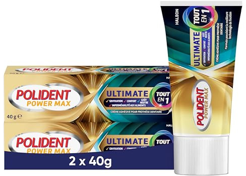 POLIDENT - Crème fixative Power Max Ultimate, Fixation La Plus Puissante pendant 12H, Confort Cliniquement Prouvé, Pour Prothèses Dentaires Partielles ou Complètes, Lot de 2x40g