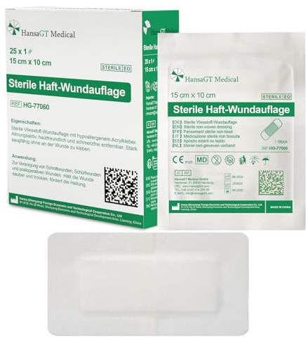 HansaGT Medical Steril Wundpflaster 15cm x 10cm, Steriler Wundverband für sensible Haut, Sensitiv & Selbstklebend Schützt bei Schnittwunden Kratzern zur äußeren Einzeln verpackt 25 Stück