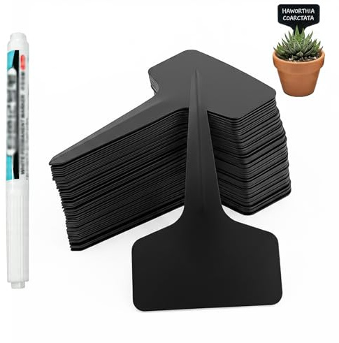 100 Pack Plant Labels, Plastic Plant Tags Labels for Outdoor Plants with Outdoor Marker, Reusable Vegetable Patch Signs for Vegetables & Herbs (with White Waterproof Pen)