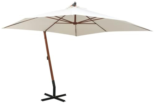 Mokuyary Ombrellone sospeso con palo in legno, 300 x 300 cm, bianco, ombrellone da esterno per terrazza, piscina, spiaggia, ristoranti, balcone