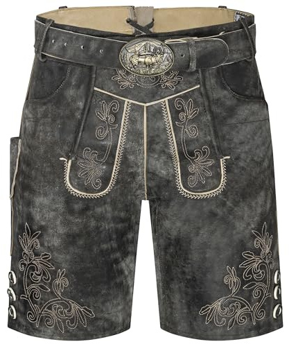 Schöneberger Trachten Couture Herren Lederhose kurz mit Trachtengürtel, Trachtenlederhose für Oktoberfest, Original Nubuk-Leder, Wolfsklamm