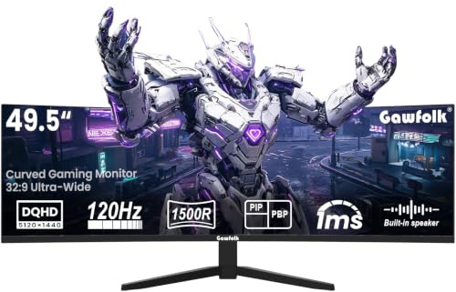 Gawfolk Monitor Gaming Curvo 49 Pulgadas Ultra Ancho DQHD 5120x1440, Tasa de Refresco 120Hz, Curvatura 1500R Formato 32:9, Modos Pip/PBP, Compatible AMD FreeSync, 120% sRGB, Puertos HDMI 2.1 y DP 1.4