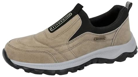 Mens Slip On Trainers Wide Fit Waterproof Walking Shoes, Lightweight Breathable Casual Sneakers with Orthopedic Arch Support, Non-Slip Hands Free Outdoor Shoes for Men Beige