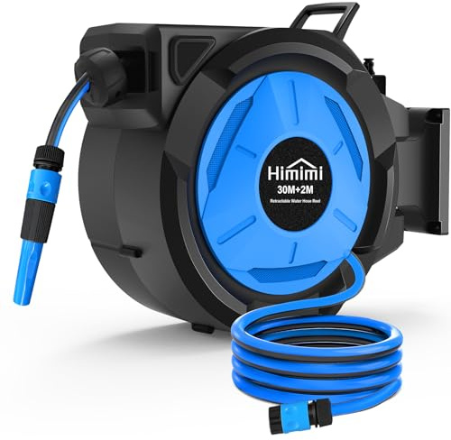 Himimi Avvolgitubo da Giardino Retrattile da Parete 30 m + 2 m, 1/2, Avvolgitubo Automatico con Rientro Lento, Blocco a Qualsiasi Lunghezza, Supporto Girevole 180°, Resistente ai Raggi UV e al Gelo