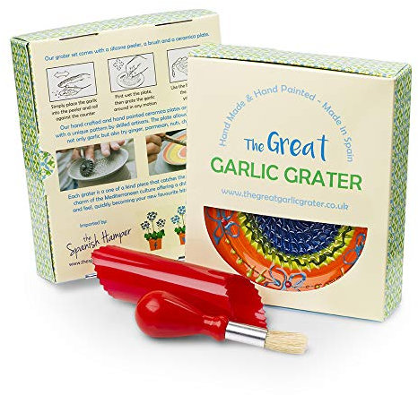 Garlic Grater Plate Set with Brush and Peeler. (#Ref 22). Handmade and Hand Painted in Cordoba, Spain. Orange with Blue and Yellow Rim, with Flowers.