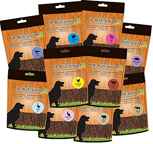 Pur Plus Bandes Pack d'essai 10 différentes variétés – 1 paquet avec 100 g de vachette comme PFERD, chevreuil, oie, et ainsi de suite