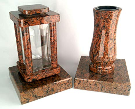 designgrab Set Grablampe Modern 25,5 cm & Granitvase 25 cm mit Granitsockel – massiv, hochwertig & poliert – Vanga – rotbraun-geschliffen
