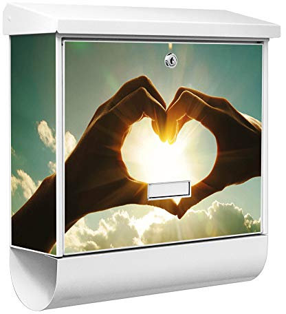 banjado® Burgwächter Briefkasten Weiß 38x39x12cm mit Motiv Sonne im Herzen/Briefkasten mit Zeitungsfach/Briefkasten mit Zeitungsrolle/Postkasten inkl. Montagematerial & 2 Schlüsseln