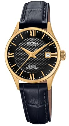 Festina Swiss Made Damenuhr Analog aus Leder Schwarz | Quarzwerk, Saphirglas, Wasserdicht 10 ATM und Kalender F20011/4, Classic Leather