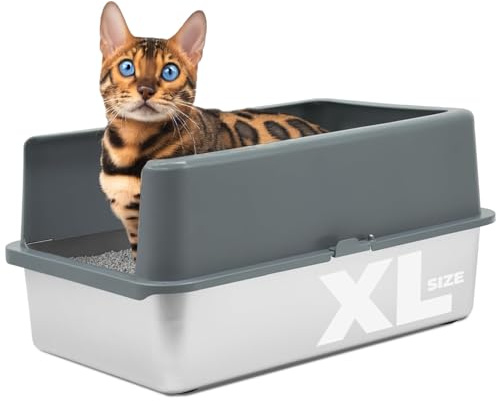 iPrimio Stainless Steel XL Cat Litter Box - Enclosed High-Sided Litter Box for Big Cats - Easy Cleaning, Odour-Resistant Pan - Durable Cat Tray with Smooth Surface, 23.5 x 15.5 x 6