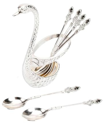 6 Stück Schwanenform Löffel Set, Kaffeelöffel Mit Schwanenhalter Teelöffel Dessertlöffel, Schwanenboden Besteck Set, Obstgabeln-Set Mit Aufbewahrungsregal Für Kuchen, Salat, Cocktail