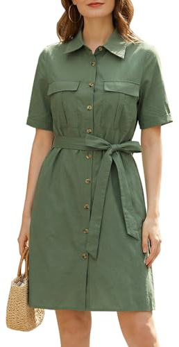 Allegra K Robe chemise boutonnée à manches courtes Safari avec poche en accordéon et ceinture - Vert - 44