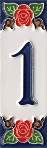 Hausnummern, italienische Keramik-Zahlen und Buchstaben, Rosendesign, Fliesengröße: 10 cm x 3,5 cm, 3 bis 6 Fliesenrahmen (Nummer 1)