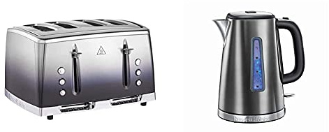 Russell Hobbs 25141 Midnight Blue Eclipse Polished Stainless Steel Ombre Four Slice Toaster & 23211 Luna Quiet Boil Electric Kettle, Stainless Steel, 3000 W, 1.7 Litre, Grey