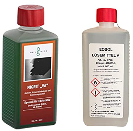 Brünier-Profi-Set: 500 g Schwarzfärbe-Schnellbeize NIGRITVA, Kaltbrünieren - Schwarzfärben u. Korrosionsschutz für Edelstähle + 500 ml Lösemittel A, zum Säubern u. Entfetten von Werkstücken