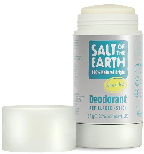 Desodorante natural en barra Salt Of the Earth, sin perfume - Vegano, recargable, aprobado por Leaping Bunny, fabricado en el Reino Unido - 84g