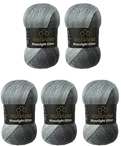Moonlight Glitter Batik Simli 5 x 100g Strickwolle 500 Gramm Wolle zum Stricken und Häkeln 20% Wolle Metallic-Wolle Farbverlaufswolle Glitzerwolle (5000 schwarz grau weiß)