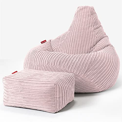 Lounge Pug, Gaming Sitzsack Sessel mit Hocker, Cord Rosa