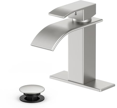 Ryuwanku Bathroom Faucet Brushed Nickel Modern Waterfall Bathroom Sink Faucet with Single Handle Suitable for 1 or 3 Holes,Supply Deck Plate and Hose