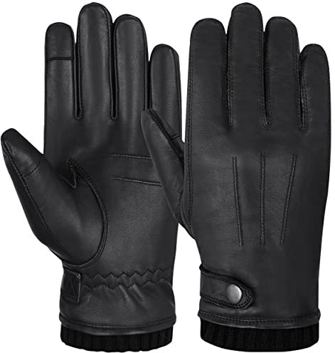 Hand Fellow Echtleder Handschuhe Herren Lederhandschuhe Fleece gefüttert Touchscreen Leder Fahrhandschuhe Winterhandschuhe Thermohandschuhe (Black Rib, XL)