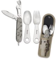 ALBAINOX- 33045. Set de Cubiertos Camping Multicam Arido. Acero Inoxidable. Incluye Funda. Herramienta para Caza, Pesca, Camping, Outdoor, Supervivencia y Bushcraft