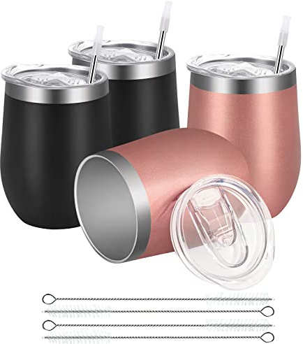 Joymaking 4 stycken vinkoppar rostfritt stål, stämplade vinkoppar med lock, dubbelväggiga unbreakable resemugg för mjölk, kaffe, vin, öl, champagne, cocktails, rosaguld-svart
