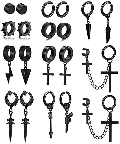 20 Pièces Boucles d'oreilles Magnétiques en Acier Inoxydable Fausse Boucle d'oreille Homme Creole Croix Plume Pendantes Boucles d'oreilles pour Homme Boucle d oreilles Clip, Noir
