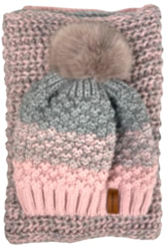 kennydoo Mütze & Schal Set / 2 teilig/Damen Kombi - Beanie mit großem Bommel und Loop/kuschelig gestrickt (rosa/grau)