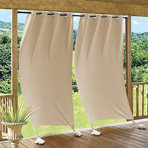 PONY DANCE Cortina de Exterior Impermeable, Cortinas Opacas Termicas Aislantes para Puerta con Ojales y Bolsas de Peso, Beige Oscuro, 2 Piezas, 132x243 cm