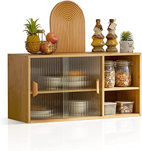 TentHome Wandschrank Hängend küche Glas-Hängeschrank Bambus Küchenschrank mit Schiebetüren Dekorative Oberschrank für Küche Bad Tasse Geschirre Aufbewahrung 80x40x28cm Holzfarbe | Dekorative Oberschrank für Küche Bad Tasse Geschirre Aufbewahrung 80x40x28cm Holzfarbe
