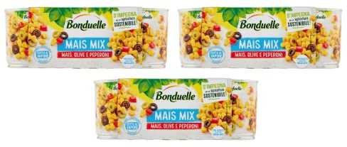 3x Bonduelle Mais Mix Mais Olive e Peperoni Süßer und Knuspriger Mais mit Oliven und Peperoni (3 x 170g)