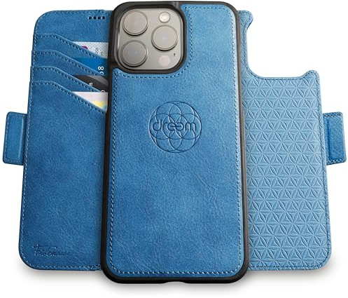 Dreem Vegan Leder Handyhülle für iPhone 15 Pro, Magnetisch & Abnehmbar | Neuartig vert/horiz Handyhalter, RFID-blockierende Kartenhülle, Kompatibel mit MagSafe, Geschenkbox [Fibonacci: Schiefer]